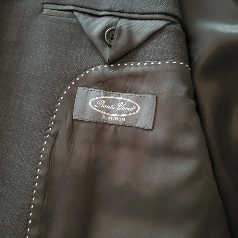 Vintage Pronto Uomo Platinum Mens 48L Black 100% Wool Blazer Sport Coat Jacket